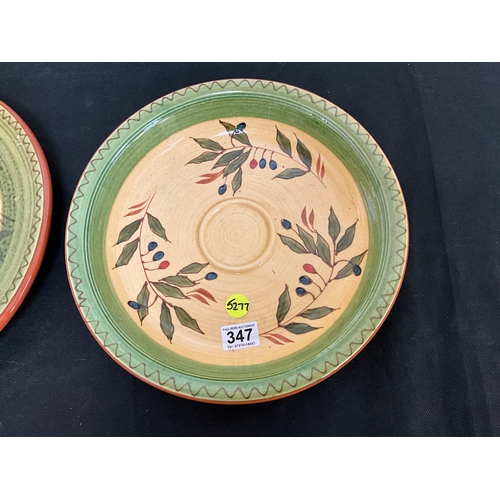 347 - 2 LARGE GLAZED POTTERY PLATES DIA16” MATCHING DISH DIA14”