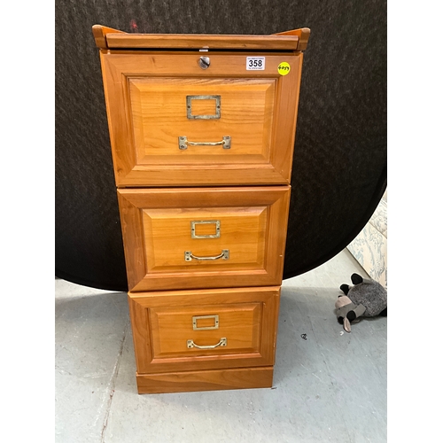 358 - MODERN OAK STYLE 3 DRAWER FILING CABINET WITH KEY H40”W16”D18”