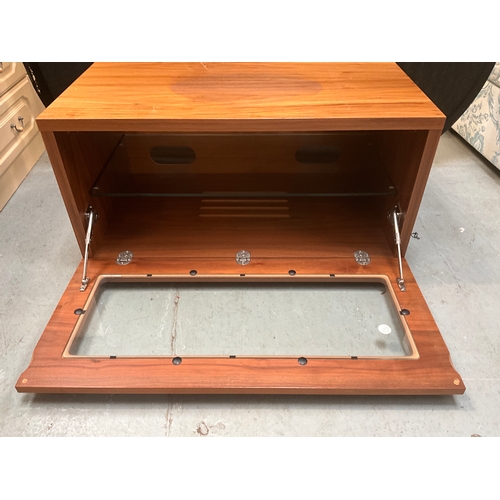 359 - MODERN TEAK FLAT SCREEN TV STAND WITH GLASS DOOR H16”W32”D19”