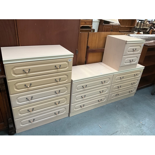 361 - MODERN CREAM 5 DRAWER CHEST H43”W31” D18” 2 MATCHING 3 DRAWER CHESTS H28”W31”D18” AND MATCHING 2 DRA... 