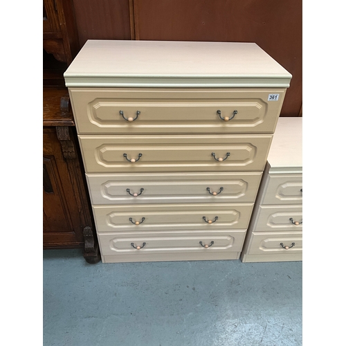 361 - MODERN CREAM 5 DRAWER CHEST H43”W31” D18” 2 MATCHING 3 DRAWER CHESTS H28”W31”D18” AND MATCHING 2 DRA... 