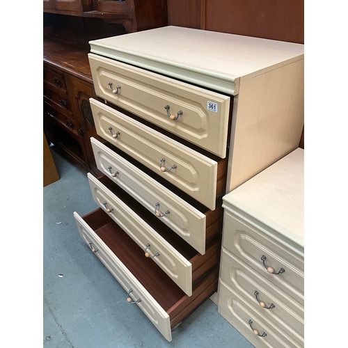 361 - MODERN CREAM 5 DRAWER CHEST H43”W31” D18” 2 MATCHING 3 DRAWER CHESTS H28”W31”D18” AND MATCHING 2 DRA... 