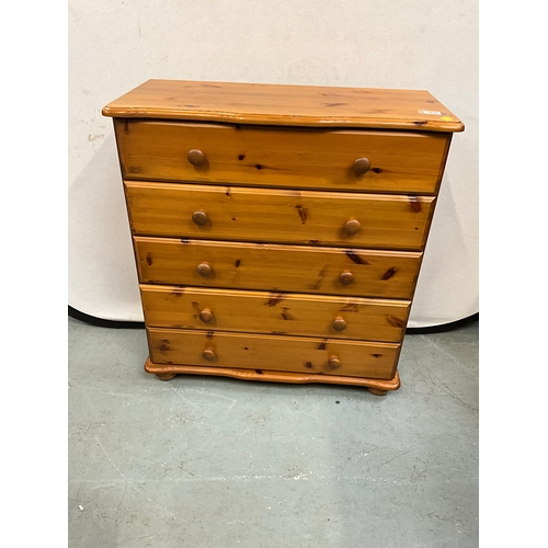 368 - MODERN PINE 5 DRAWER BEDROOM CHEST H36”W33”D15”