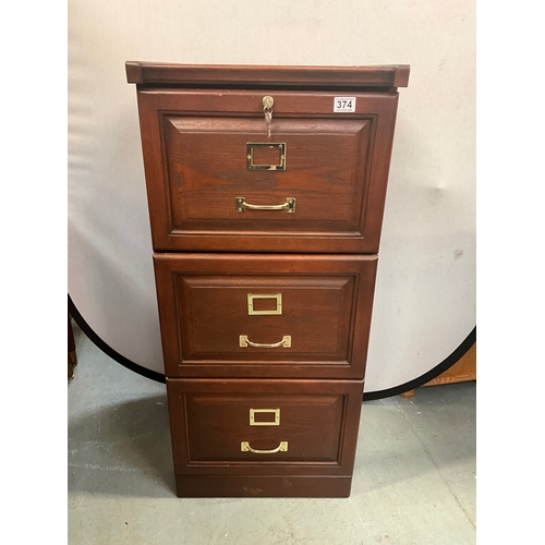 374 - MODERN MAHOGANY 3 DRAWER FILING CABINET WITH KEY H43” W19” D18”