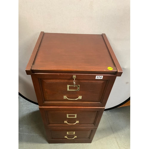 374 - MODERN MAHOGANY 3 DRAWER FILING CABINET WITH KEY H43” W19” D18”