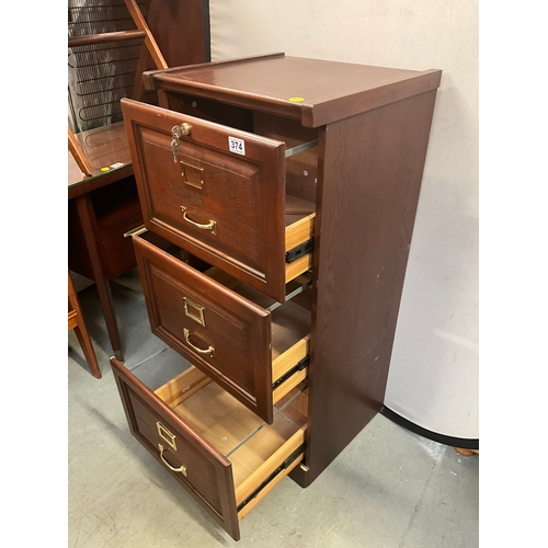 374 - MODERN MAHOGANY 3 DRAWER FILING CABINET WITH KEY H43” W19” D18”