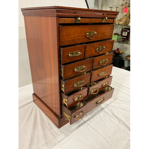 382 - EDWARDIAN MAHOGANY BANK OF DRAWERS WITH CAMBER FRONT , INTERIOR FITTED WITH 12 DRAWERS ALL WITH FOLD... 