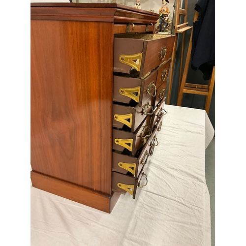 382 - EDWARDIAN MAHOGANY BANK OF DRAWERS WITH CAMBER FRONT , INTERIOR FITTED WITH 12 DRAWERS ALL WITH FOLD... 