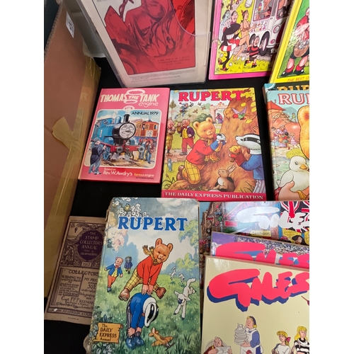 431 - TWO BOXES OF BOOKS AND ANNUALS TO INCLUDE STANLEY GIBBONS MONTHLY JOURNALS RUPERT ANNUALS GILES AND ... 