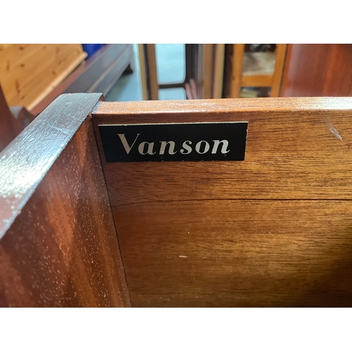 388 - VINTAGE BADGED VANSON SIDEBOARD WITH 3 CENTRAL DRAWERS FLANKED BY 2 DOORS H34” W64” D20”