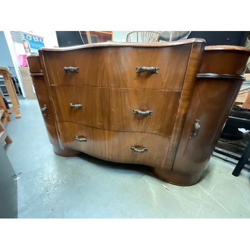 432 - ART DECO WALNUT VENEERED DRESSING TABLE THREE CENTRAL DRAWERS TWO SIDE CUPBOARDS MIRROR TO TOP H62”W... 