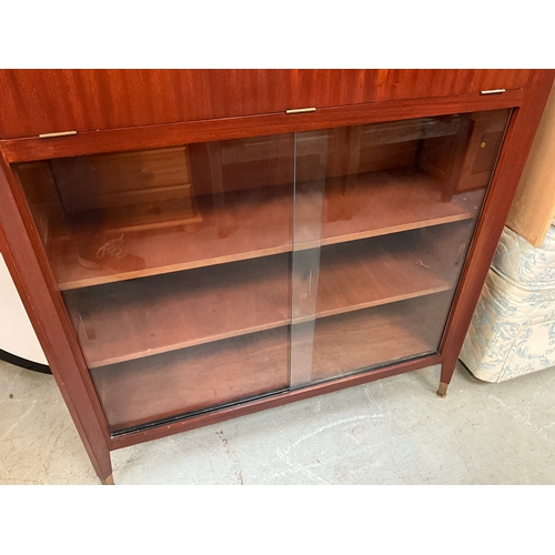 391 - VINTAGE ARCLIGHT MAHOGANY CABINET WITH DROP DOWN DOOR OVER 2 GLASS SLIDING DOORS (NOT BADGED) H53” W... 