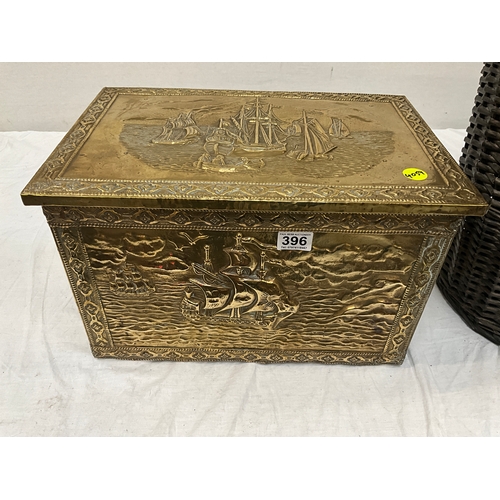 396 - BRASS BOX , LINEN BASKET AND VINTAGE STOOL