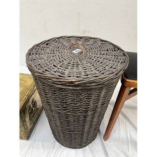 396 - BRASS BOX , LINEN BASKET AND VINTAGE STOOL