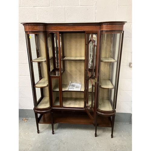 212 - EDWARDIAN MAHOGANY SHERATON STYLE INLAID DISPLAY CABINET WITH CENTRAL ASTRIGAL GLAZED DOOR FLANKED B... 