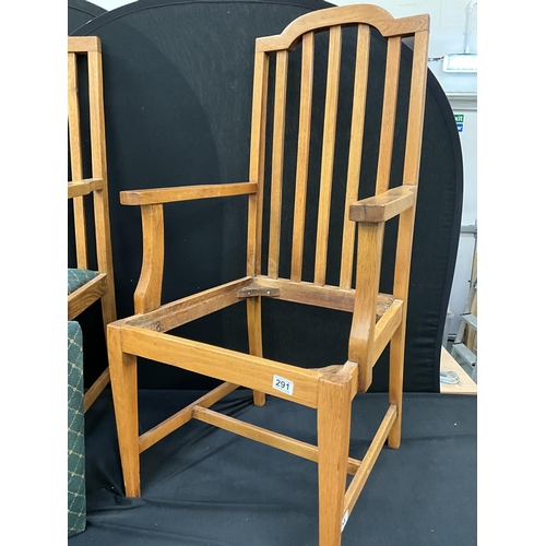 255 - PAIR OF LIGHT OAK RAILBACK VINTAGE ARMCHAIRS ON STRETCHERED LEGS WITH UPHOLSTERED SEATS