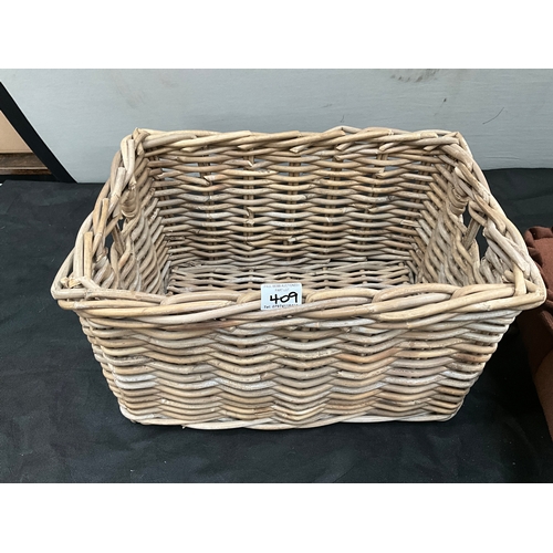 409 - PINE BOX , WICKER BASKET AND MODERN FOOT STOOL