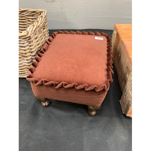 409 - PINE BOX , WICKER BASKET AND MODERN FOOT STOOL