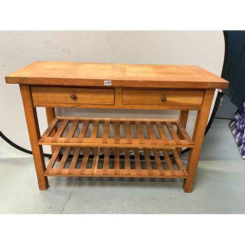 459 - MODERN LIGHT OAK CONSOLE TABLE WITH 2 DRAWERS AND SHELVES BELOW  H34” W48” D20”