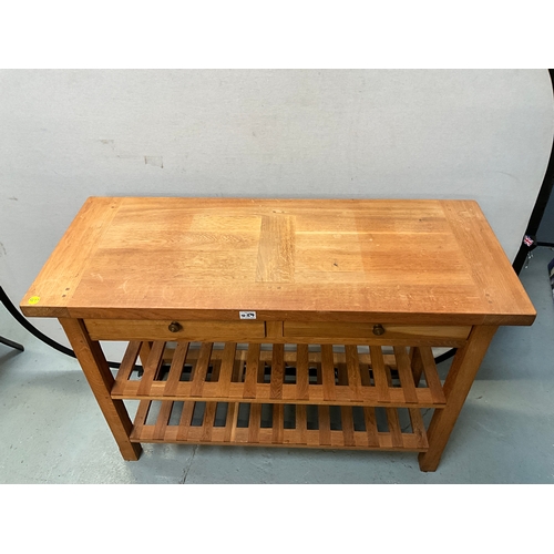 459 - MODERN LIGHT OAK CONSOLE TABLE WITH 2 DRAWERS AND SHELVES BELOW  H34” W48” D20”