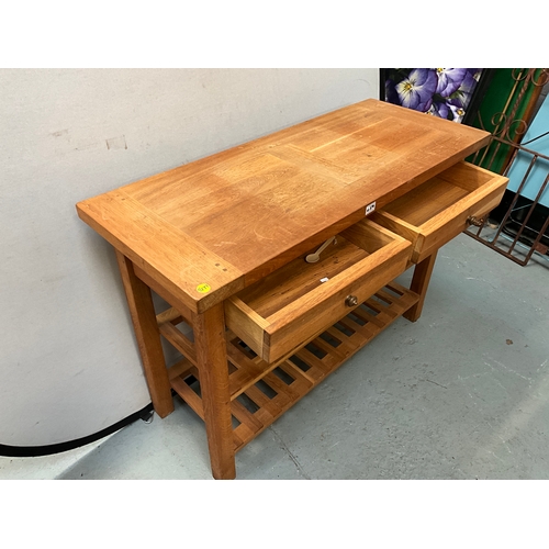 459 - MODERN LIGHT OAK CONSOLE TABLE WITH 2 DRAWERS AND SHELVES BELOW  H34” W48” D20”