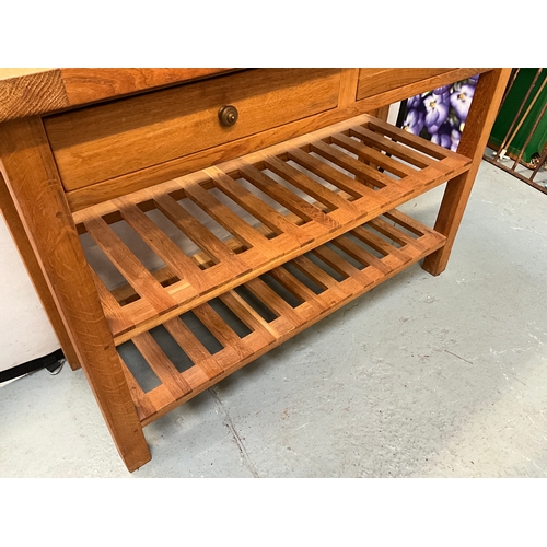 459 - MODERN LIGHT OAK CONSOLE TABLE WITH 2 DRAWERS AND SHELVES BELOW  H34” W48” D20”