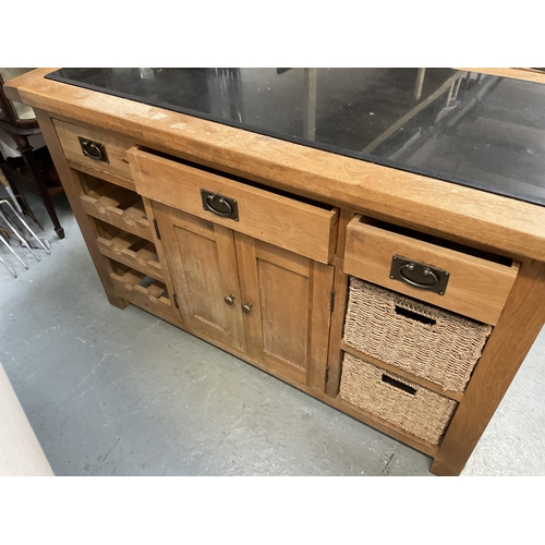 460 - MODERN OAK KITCHEN ISLAND WITH MARBLE INSET TOP, BASE AS 3 DRAWERS OVER CENTRAL DOORS FLANKED BY WIC... 