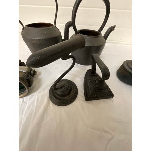 4 - 2 CAST IRON KETTLES, TILLEY LAMP ETC