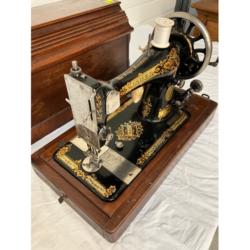 5 - VINTAGE CASED SINGER HAND SEWING MACHINE  W/O