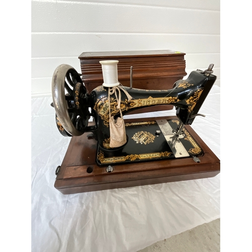 5 - VINTAGE CASED SINGER HAND SEWING MACHINE  W/O