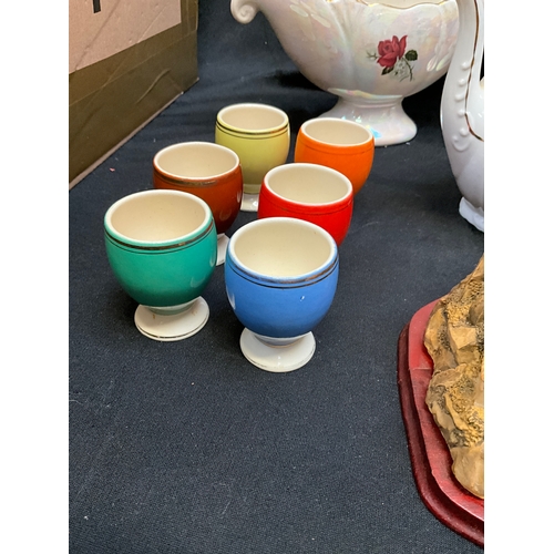 13 - ASSORTMENT OF CHINA HORSES, COW JUGS, EGG CUPS ETC SOME A/F