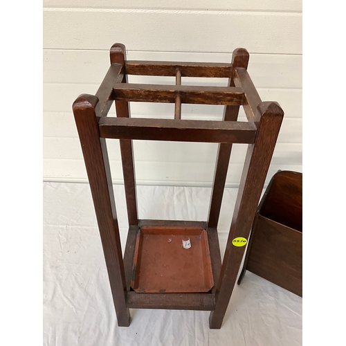 14 - OAK UMBERELLA STAND H25” W11”D11”WITH DRIP TRAY AND MAGAZINE RACK