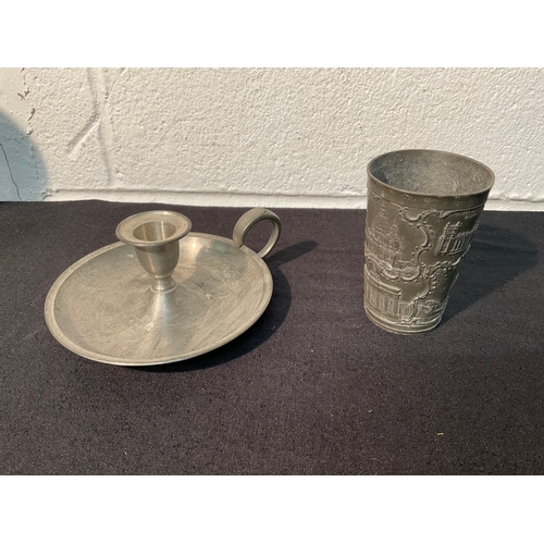 155 - 2 POLISHED METAL CANDLESTICKS, PEWTER GERMAN BEAKER AND CANDLE HOLDER