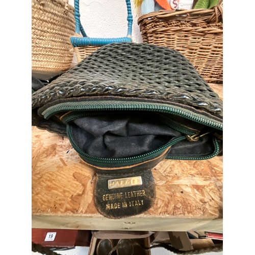 17 - WICKER BASKETS, KNITTED TOYS, VINTAGE JAEGER BAG ETC