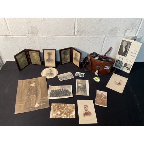 156 - QTY MILITARY EPHEMERA TO INCLUDE PHOTO’S AND PAIR MILITARY RELATED BINOCULARS IN CASE