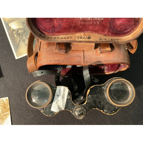 156 - QTY MILITARY EPHEMERA TO INCLUDE PHOTO’S AND PAIR MILITARY RELATED BINOCULARS IN CASE