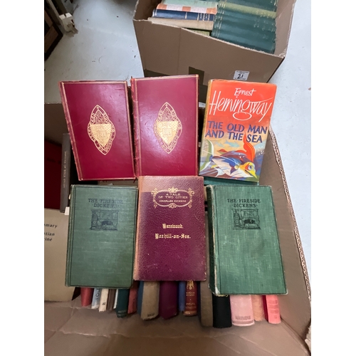 21 - THREE BOXES OF ANTIQUE AND LATER BOOKS TO INCLUDE CHARLES DICKENS AND RELIGIOUS EXAMPLES ETC