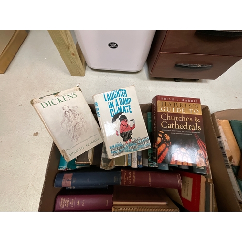 21 - THREE BOXES OF ANTIQUE AND LATER BOOKS TO INCLUDE CHARLES DICKENS AND RELIGIOUS EXAMPLES ETC