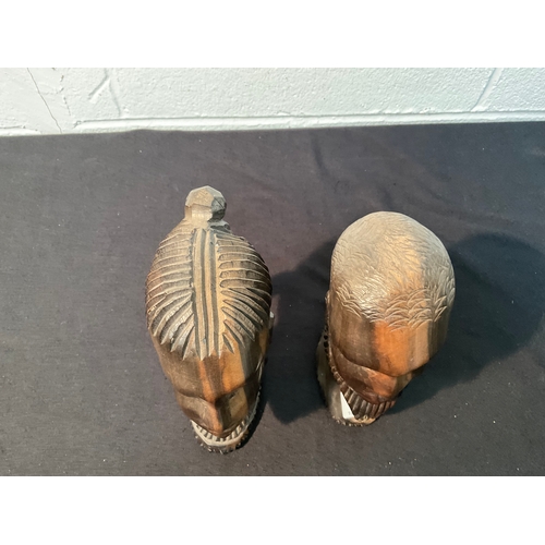 167 - PAIR WOODEN CARVED TRIBAL HEADS H9”