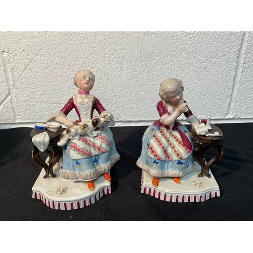 168 - PAIR VICTORIAN CHINA FIGURES A/F AND STAMPED 3 HANDLED DECORATIVE CHINA JARDINERE A/F DAMAGE TO FOOT