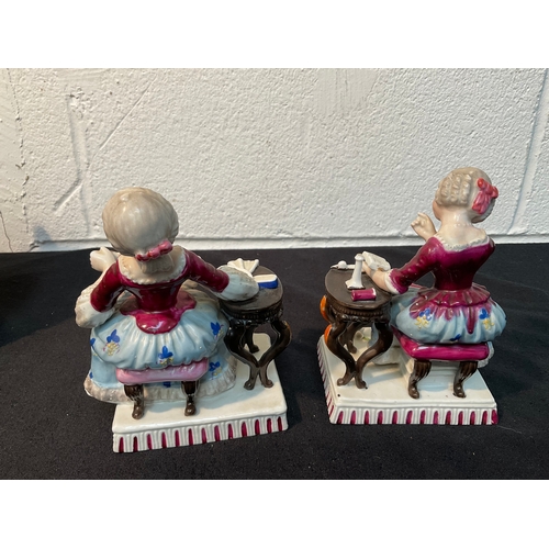 168 - PAIR VICTORIAN CHINA FIGURES A/F AND STAMPED 3 HANDLED DECORATIVE CHINA JARDINERE A/F DAMAGE TO FOOT