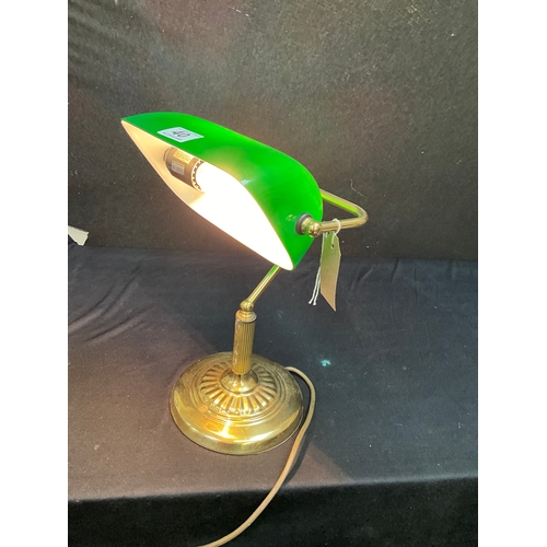 40 - BRASS AND GREEN GLASS DESK LAMP WITH  ADJUSTABLE SHADE