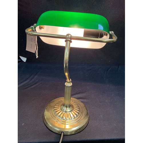 40 - BRASS AND GREEN GLASS DESK LAMP WITH  ADJUSTABLE SHADE