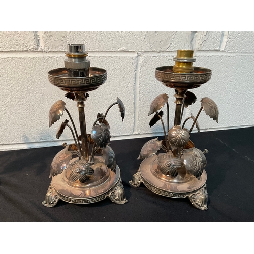 174 - GOOD QUALITY SILVER PLATED DECORATIVE CENTREPIECE H 11” AND MATCHING PAIR OF LAMP BASES 1 IS A/F H10... 