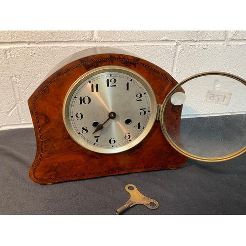 175 - WALNUT VENEERED INLAID MANTEL CLOCK WITH KEY & PENDULUM