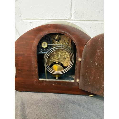 175 - WALNUT VENEERED INLAID MANTEL CLOCK WITH KEY & PENDULUM