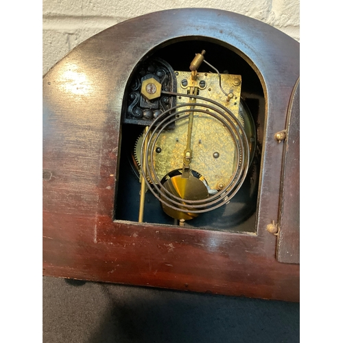 175 - WALNUT VENEERED INLAID MANTEL CLOCK WITH KEY & PENDULUM