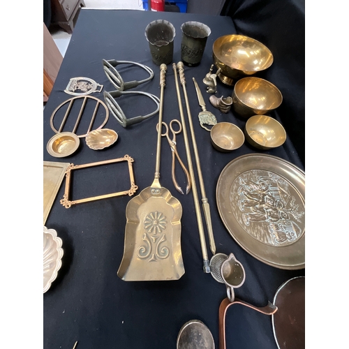 45 - ASSORTMENT OF COPPER AND BRASS TO INCLUDE PLANTERS FIRE IRONS ETC