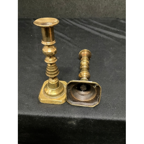 62 - BRASS MINERS LAMP AND A PAIR OF BRASS CANDLE STICKS