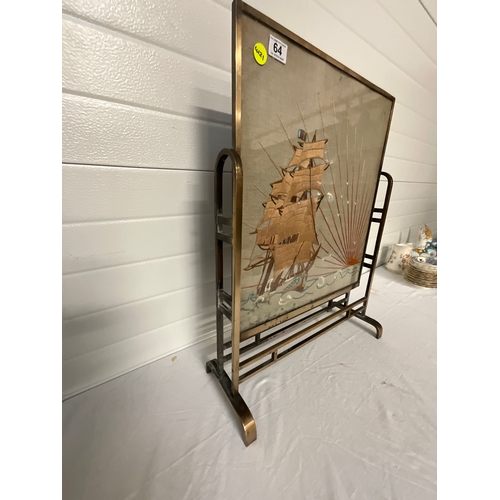 64 - ART DECO BRASS FRAMED FIRE SCREEN WITH EMBROIDERED SHIP DESIGN H28”W22”